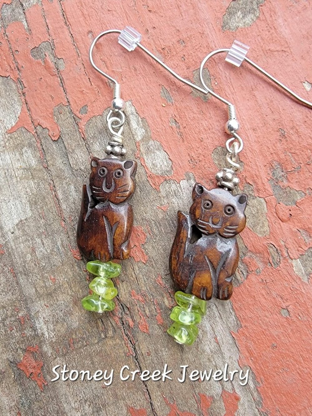 Wooden Cat Earrings with Peridot, Whimsical Boho Jewelry